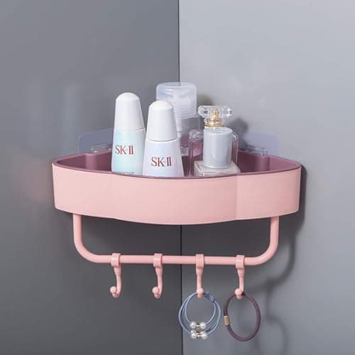 Boniry Multipurpose Plastic Corner Shelf for Bathroom Wall Mount Organizer Unbreakable Shower Basket for Bathroom & Kitchen with 4 Hook Adhesive Strong Magic Sticker (Pink)