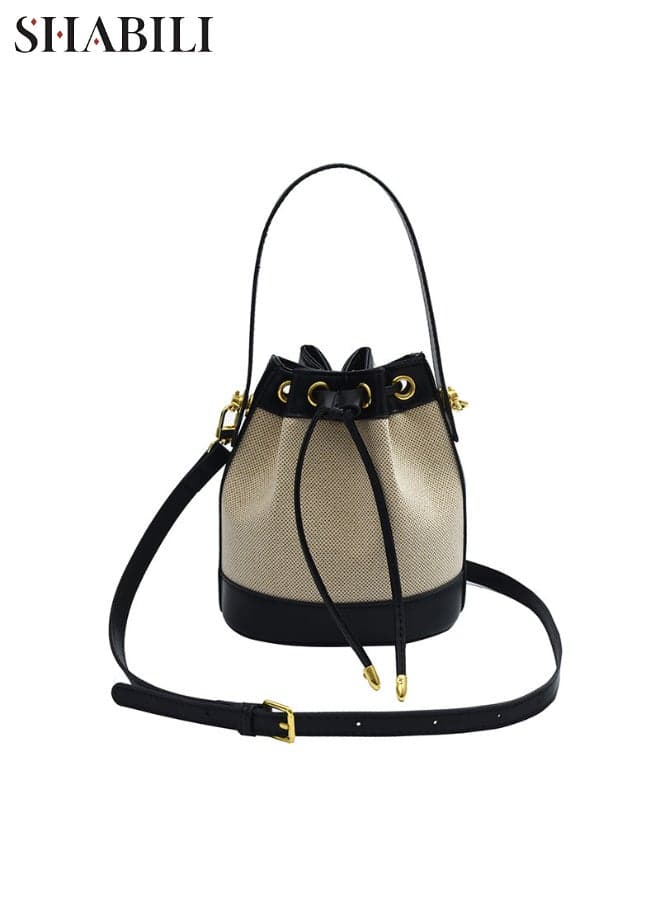 Women PU Contrast-Color Shoulder Bucket Bag Crossbody Sling Ladies Bag, Teen Multi-Pocket Canvas & PU Tote Satchel with Drawstring Closure for Daily Casual Party Travel College (Beige Black)