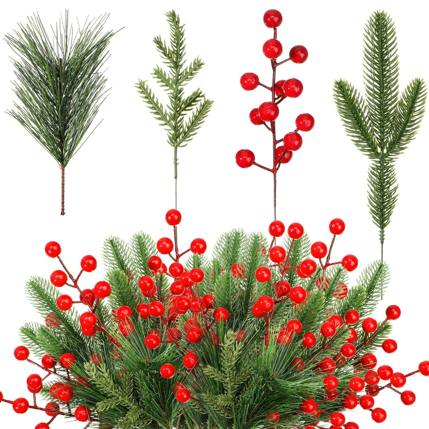 Jexine 100 Pcs Artificial Pine Needles Branches and Artificial Red Berry Stems Fake Greenery Pine Picks Christmas Red Berry Picks Holly Berries Christmas Fake Tree Branches for DIY Garland Wreath