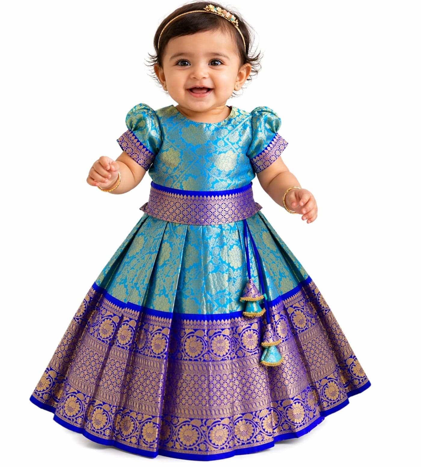 Stanwells Kids Girls Peacock Blue Banarasi Silk Pattu Pavadai Set | Traditional Lehenga Choli with Zari Work | Ethnic Wear for Festive and Wedding Occasions (7–8 Years)