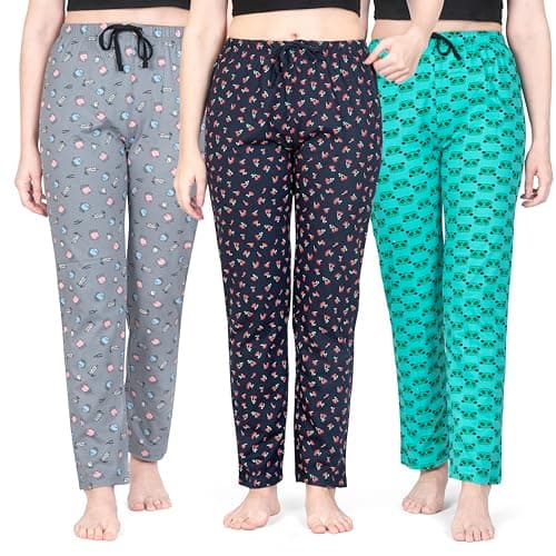 Real Basics Women's Pyjama Cotton Regular Fit Sleepwear (Large, Multicolour, Pack of 3)