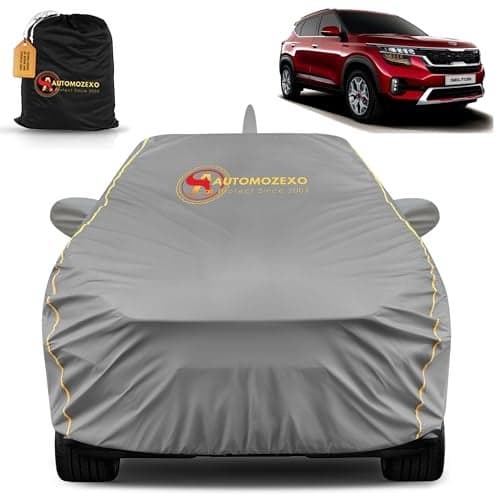 AUTOMOZEXO Kia Seltos 100% Waterproof Car Cover for All Weather Protection with Mirror & Antena Pocket Inner Cotton Layer Triple Stitched Cover with Adjustable Belt Bottom Elastic to Secure Fit -Grey