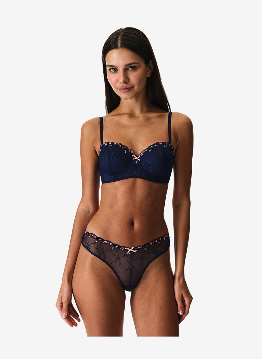 Women Lotus Broidery Navy Strapless Wired Bra