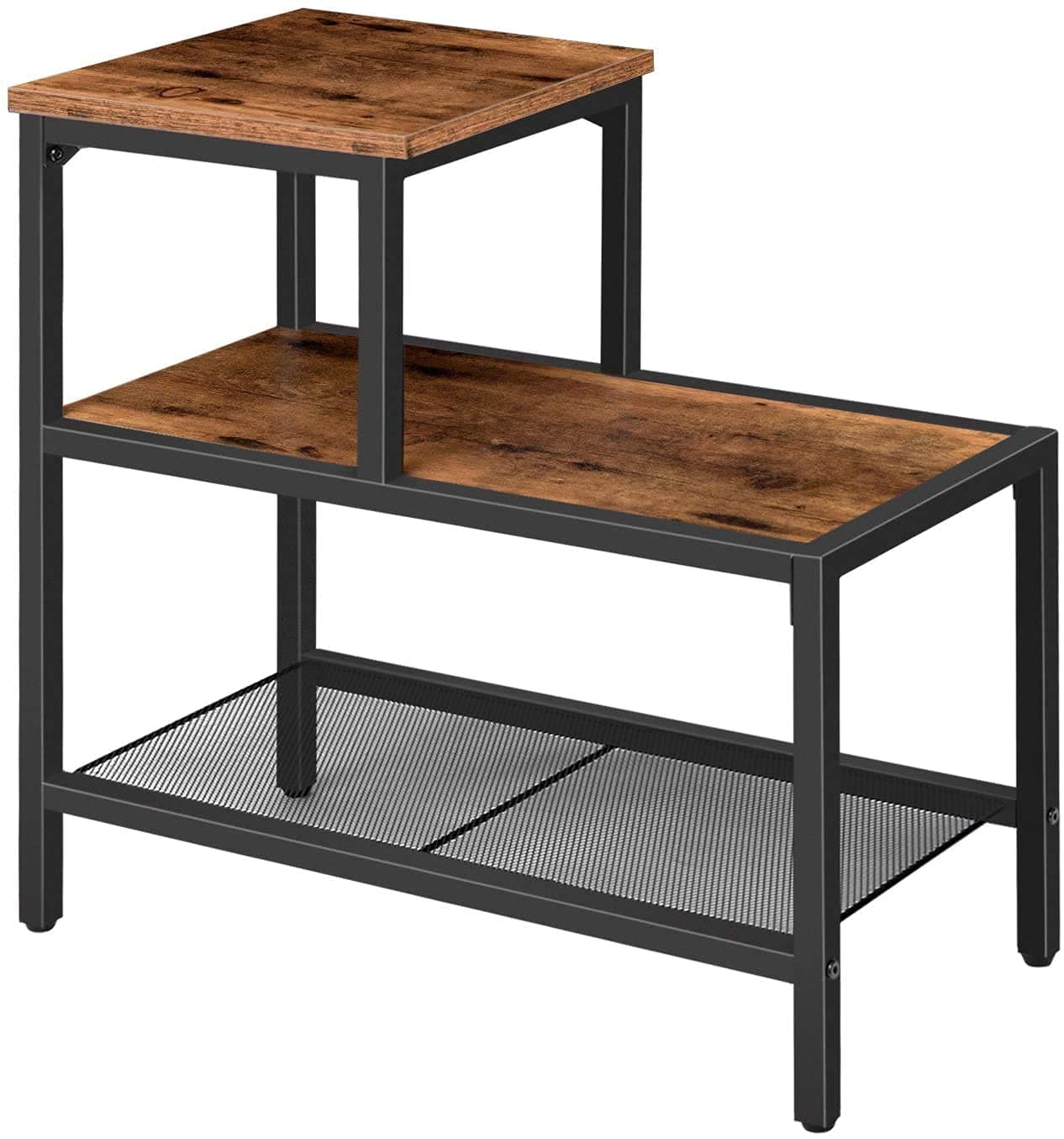 Indian Decor 45527 Side Table 3Tier Narrow Nightstand with Accent Decorative Ladder Shelf Industrial Sofa End Table for Small Space in Living Room Bedroom Metal Frame Rustic Brown Black