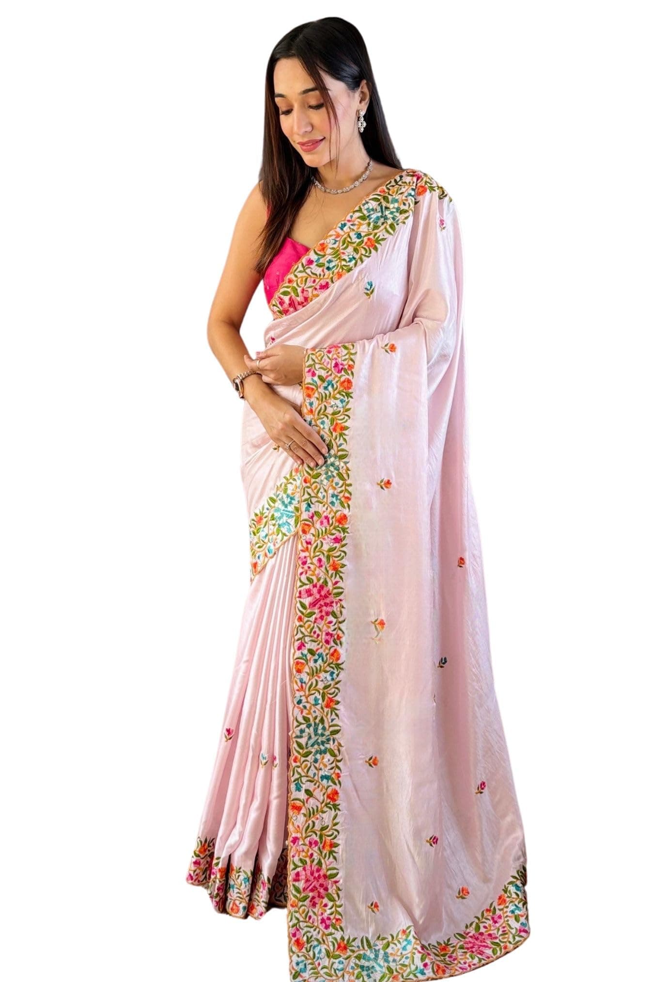 SGF11 Women's Chiffon Embroidery Border Saree With Unstitched Blouse Piece (Light Pink)