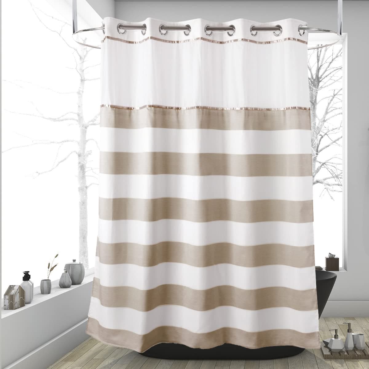 Ecoehoe 71W x79H Stripe Fabric Hook Free Shower Curtain with Polyester Magnet Snapin LinerTop See Through with Mesh Window Light BeigeWhite