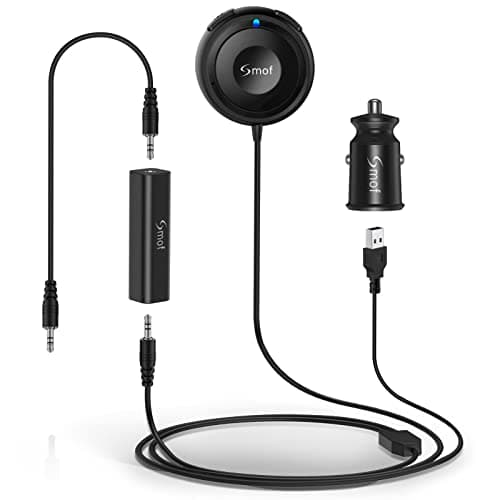 Smof Bluetooth Car Adapter, Aux Bluetooth Adapter for Car with Dual Port USB Charger & Ground Loop Noise Isolator, Wireless Audio Receiver with 3.5mm Aux Port, Hands-Free Calls, Dual Connection