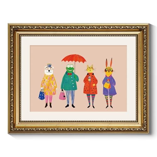 ARPEOTCY Framed Canvas Wall Art, 11x14 Whimsical Animal Family Illustration, Storybook Style Wall Decor for Nursery, Kids Room & Playroom