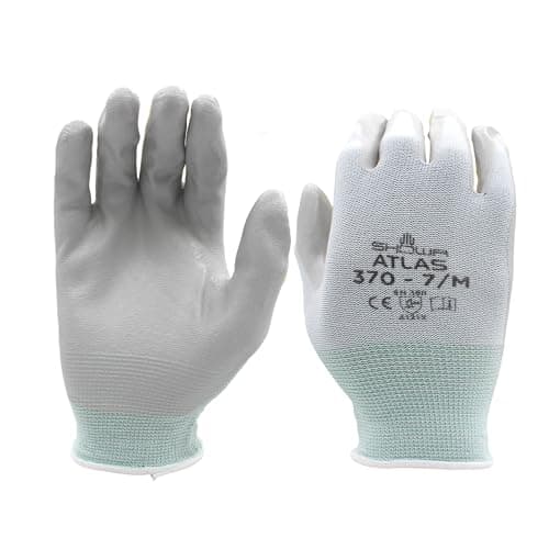 SHOWA Atlas 370 Nitrile Palm Coated General Purpose Work Gloves with Nylon Liner, White, Medium (12 Pair)