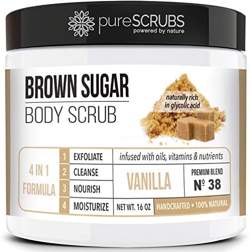 pureSCRUBS Premium Vanilla Brown Sugar Scrub | Face, Feet & Full Body Scrub | Large 16oz Jar Includes Wooden Spoon, Loofah & Mini Exfoliating Bar Soap