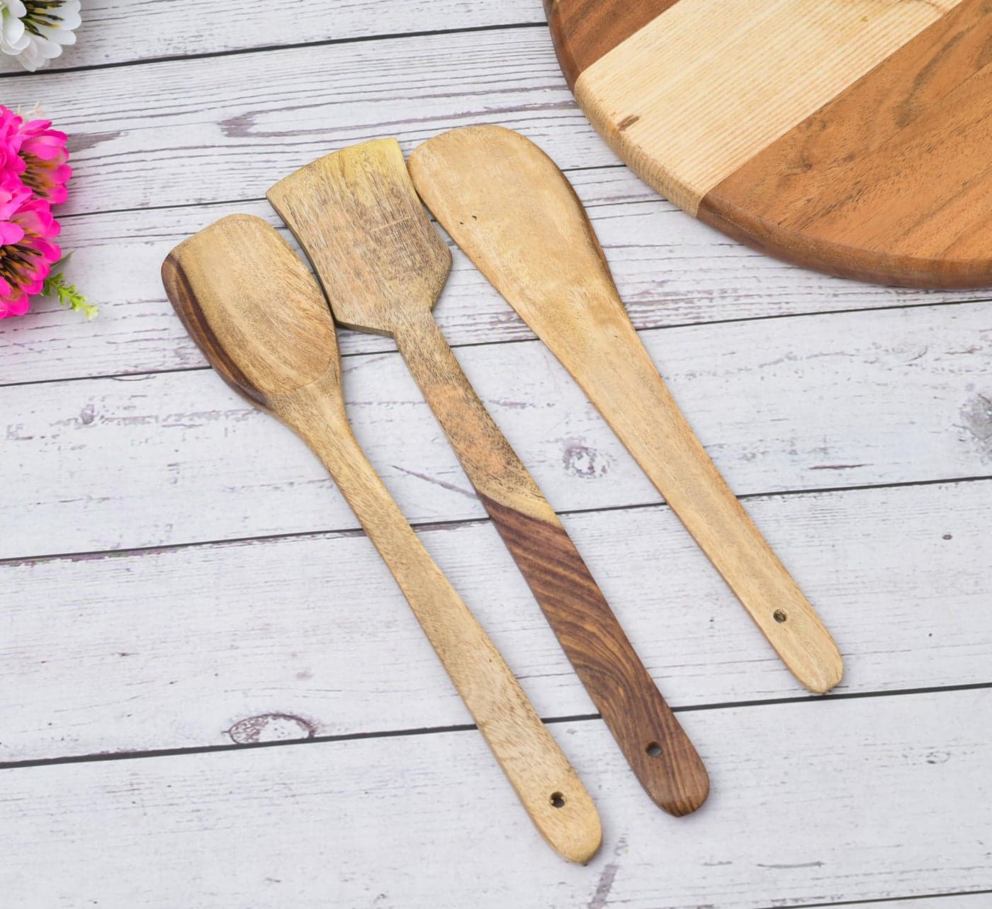 Sanjeev Kapoor by OGGN Natural Wood Serving & Cooking Spoon Set of 3, Handmade Wooden Spatula Set for Cooking, Non Stick Kitchen Tools, Turner, Ladle, Pasta & Frying Spoon, Natural Cookware