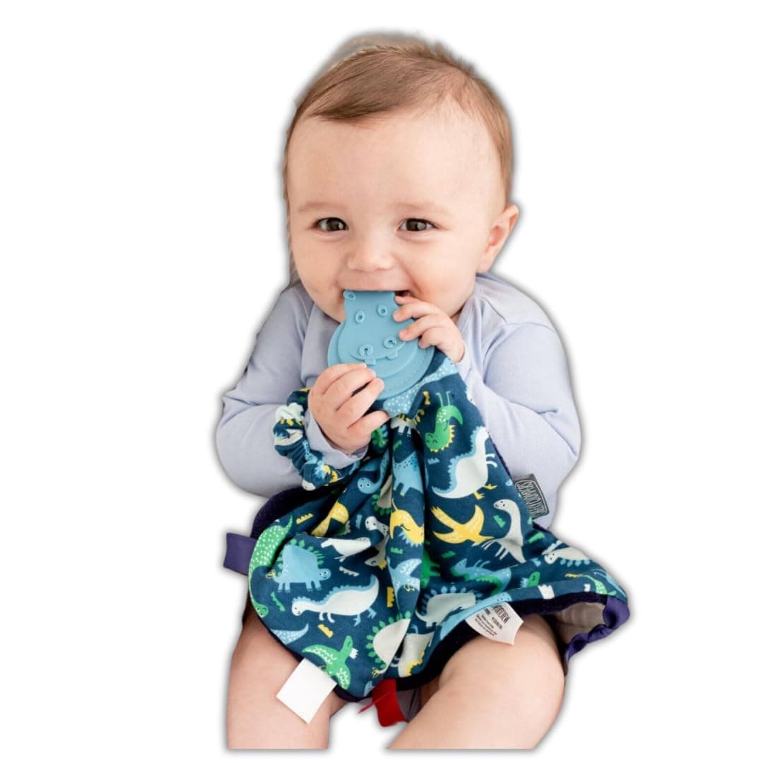 Cheeky Chompers Comfortchew Baby Lovey with Silicone Teether Sensory Tags Soft Fleece Material Attachable Loop Machine Washable Baby Dino