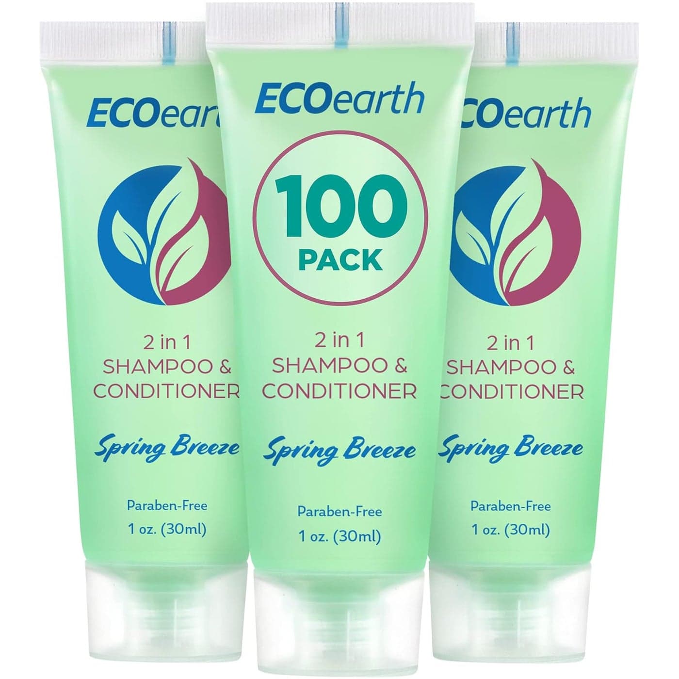 EcoEarth Travel Size Shampoo Conditioner 2in1 1 fl oz 100 PK Spring Breeze Delight Your Guests wRevitalizing Refreshing Conditioning Shampoo Amenities Small Size Hotel Toiletries in Bulk