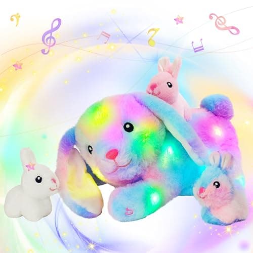 Hopearl LED Musical Stuffed Bunny Light up Singing Plush Toy Playset Mommy Rabbit with 3 Baby Bunnies in her Tummy Adjustable Volume Lullaby Animated Soothe Gifts for Kids Toddler Girls Rainbow 12