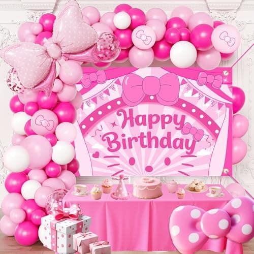 Cartoon Cat Theme Birthday Party Decorations Kit Pink Hot Pink Balloons with Arch Garland for Background Birthday Girls Kids