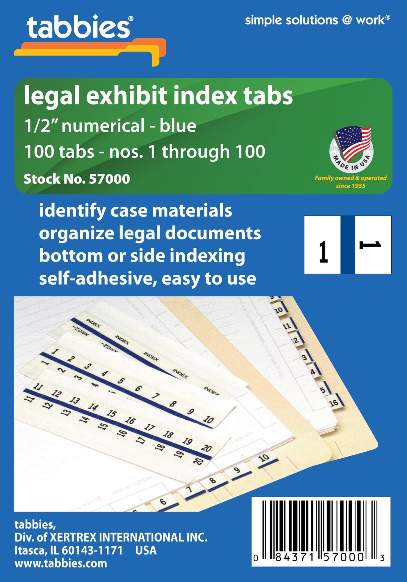 Tabbies Legal Numerical Exhibit Index Tabs, Blue Color Edge, 1/2" Tabs, 100 Tabs/Pack (57000), #1-100