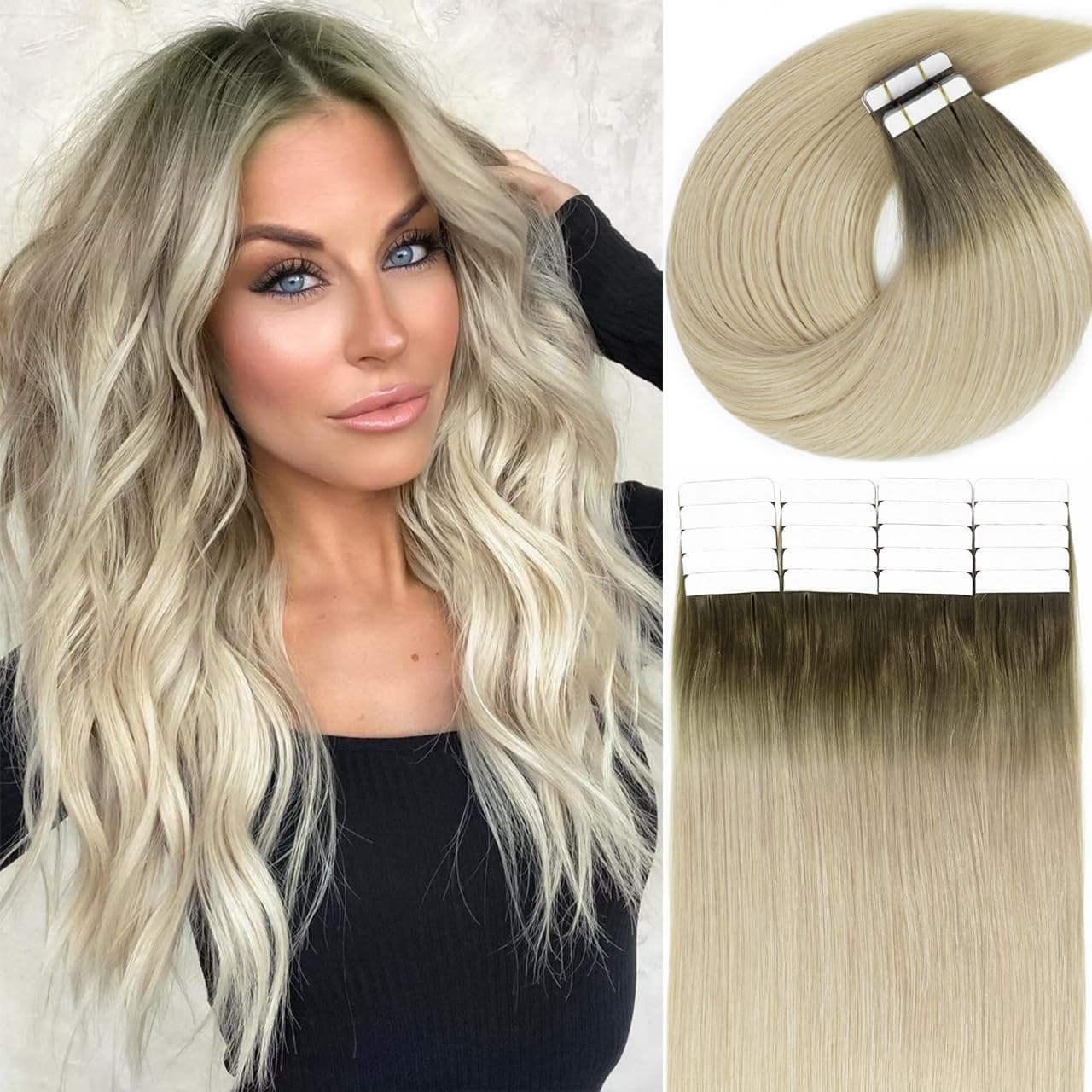 Lacerhair Natural Hair Remy Tape in Human Hair Extensions 8G60A Light Ash Brown to Light Platinum Blond Dip Dyed Seamless PU Skin Weft Real Remy Invisible Hair Double Side 50g 20pcs 18inch