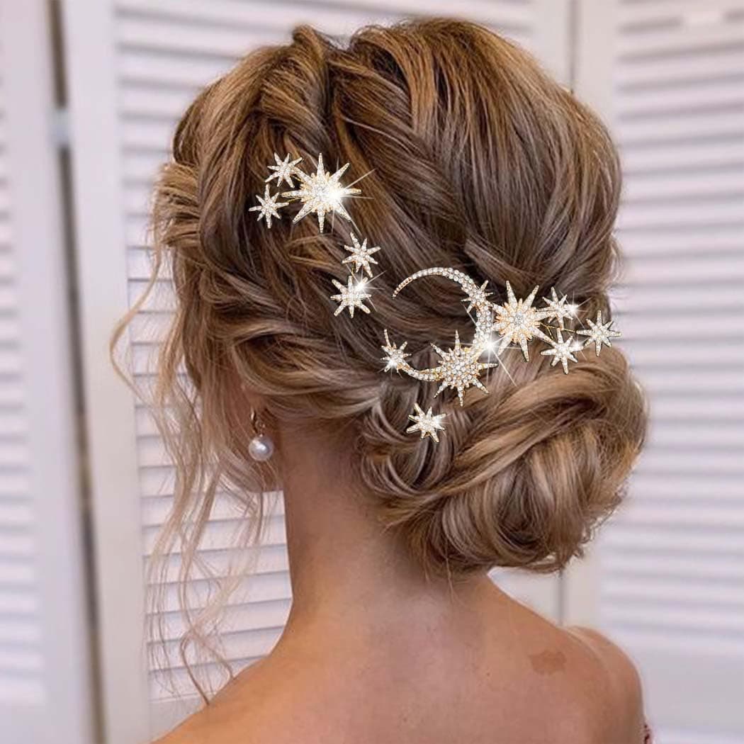 Unicra Star Moon Bride Wedding Hair Pins Crystal Bridal Hair Pieces Rhinestone Goddess Hair Accessories for Women and Girls Pack of 5 Gold