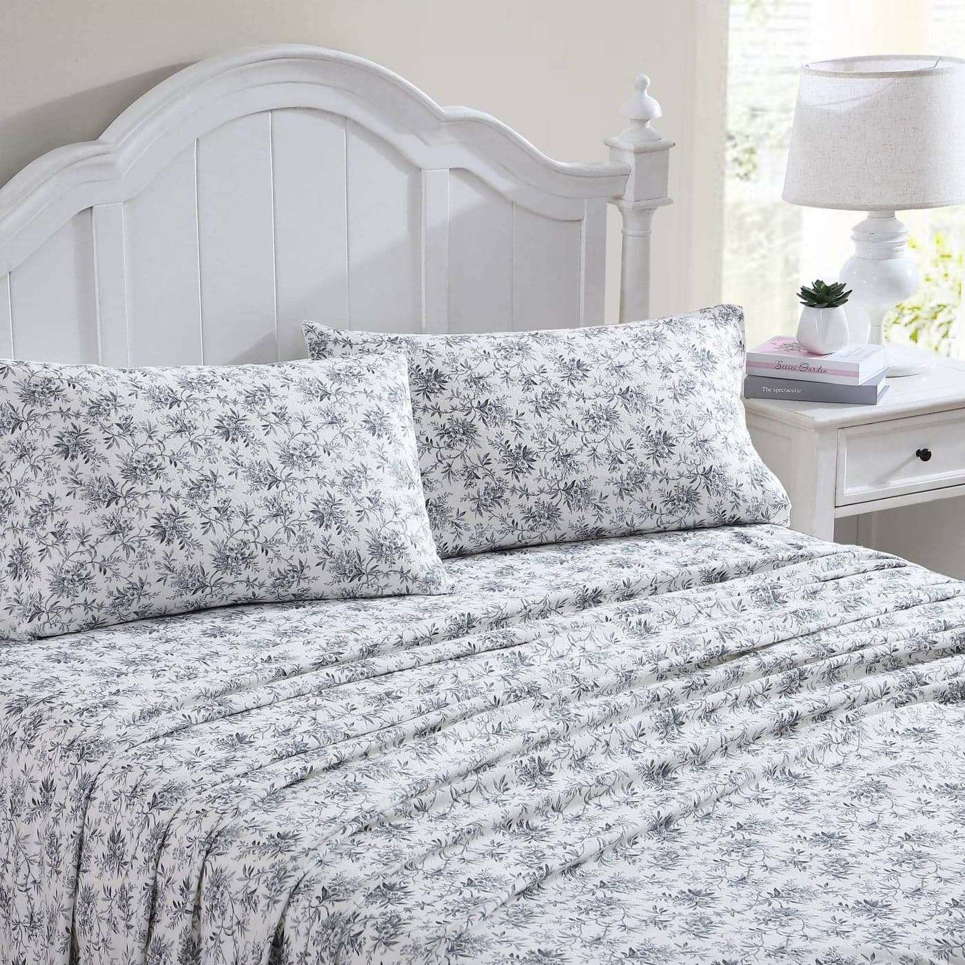 Laura Ashley Home 3 pieces Twin Sheets Cotton Flannel Bedding Set Brushed for Extra Softness Comfort Black Faye Toile Twin