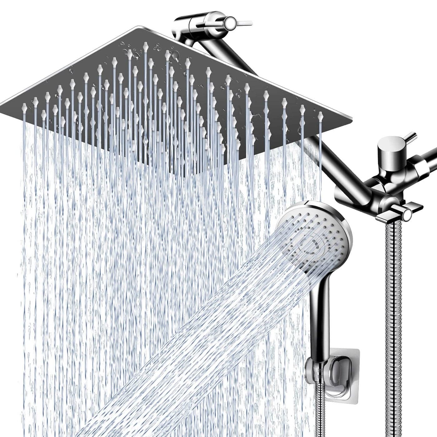 PinWin Modern 12" Large Square Rain Showerhead with 5 Modes Handheld Showerhead Combo, Adjustable Arm, Easy Tool-Free Installation
