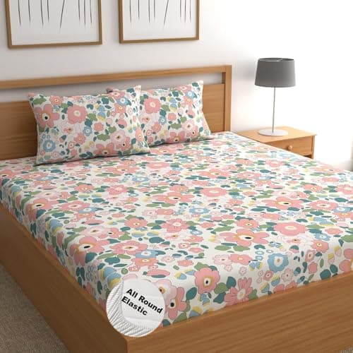 THE HOME STYLE Cotton Feel Glace Cotton Elastic Fitted Printed King Size Double Bed Bedsheet with 2 Pillow Cover Fits Upto 8 Inches Mattress (72"x78", Pink Botanical Prints), 300 TC