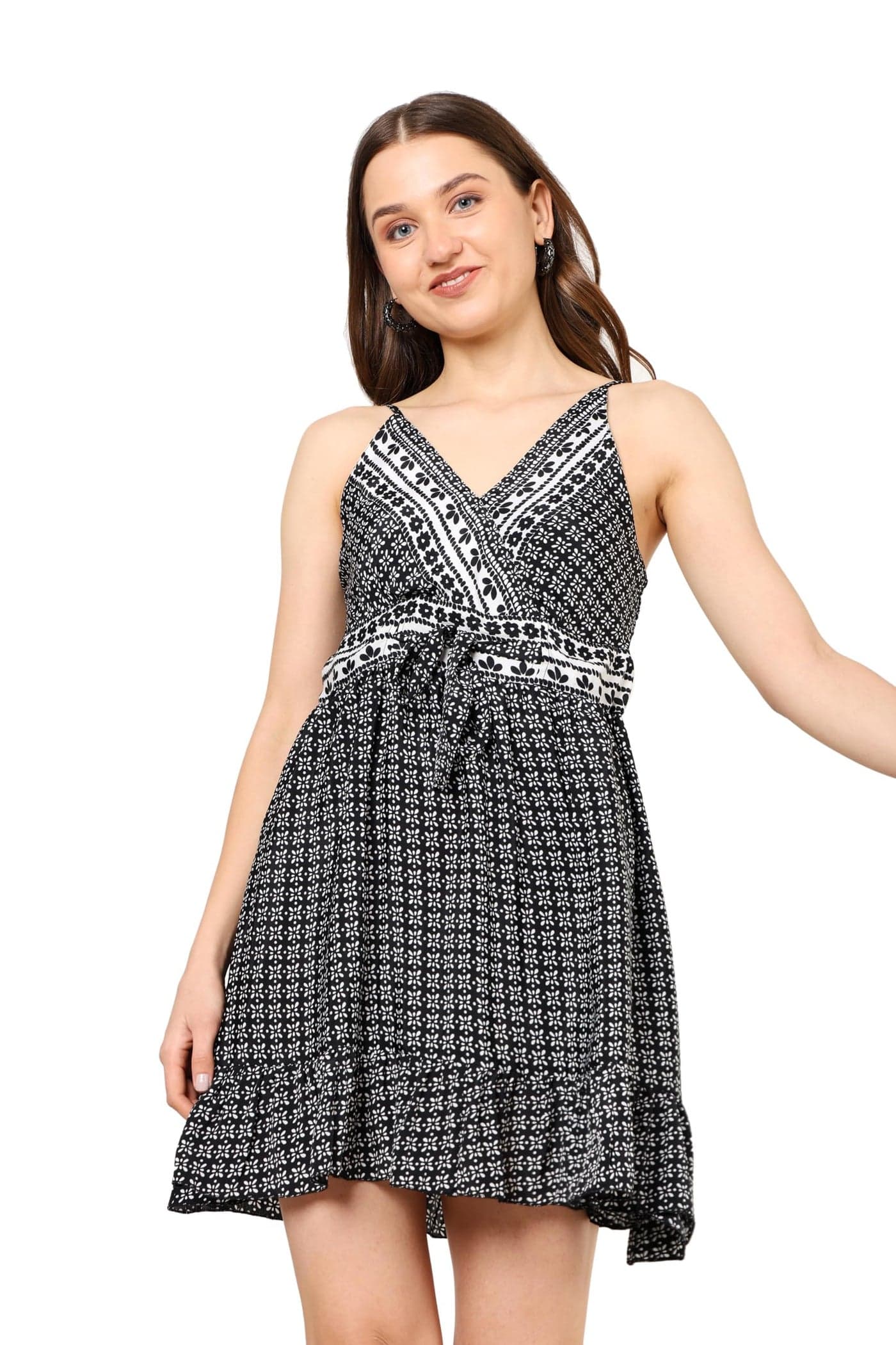 Yash Gallery Women’s Black Short Dress | Sleeveless V-Neck Mini Dress with Adjustable Straps, Waist Tie-Up| Stylish Casual Dress for Women & Girls