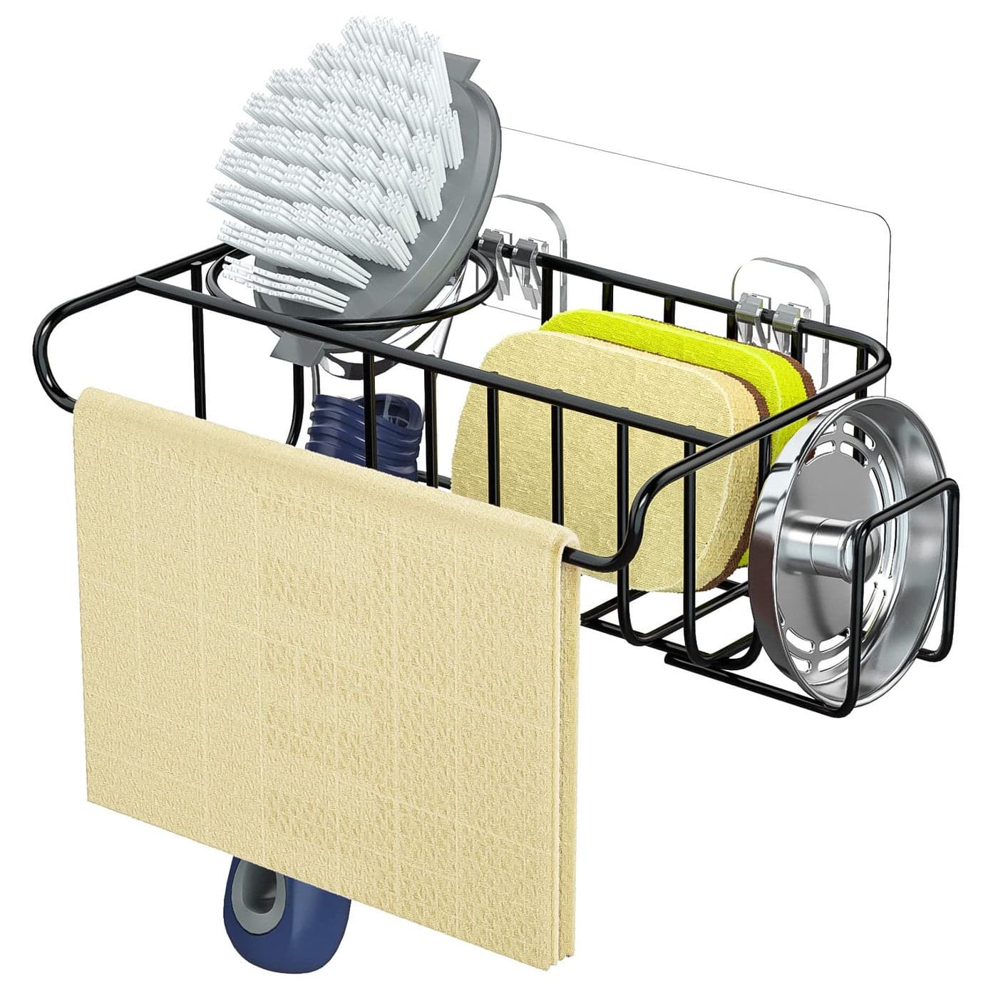 HapiRm 4 in 1 Adhesive Sponge Holder Sink Caddy SUS304 Stainless Steel Brush Holder Dish Cloth Hanger Soap Rack Sink Stopper Rack No Drill Kitchen Sponge Caddy Black