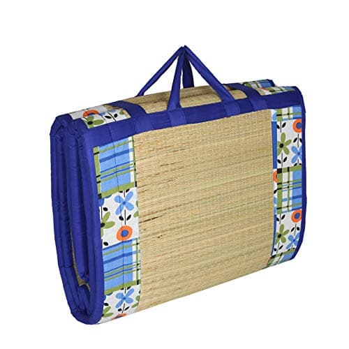 CRAFT OF INDIA - Folding Mat 6 X 6 feet Korai River Grass chatai Blue Cotton Fabric with 15MM Soft Foam Comfort Mattress