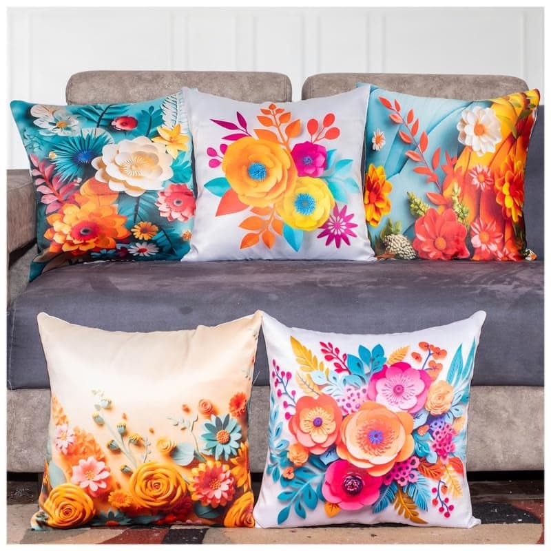 Vendola 3D Decorative Satin Sofa Cushion Covers Set of 5, 20 Inch x 20 inch, Sofa Pillow Cover, White and Blue, Floral Design, Zipper Closure (Colour Bust, 20X20 Inches)