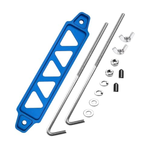 ARONOVA Battery Hold Down SetsWith Billet Aluminum Battery Tie Down Bracket And 188304 Stainless Steel J bolts Blue 10 inch bolts