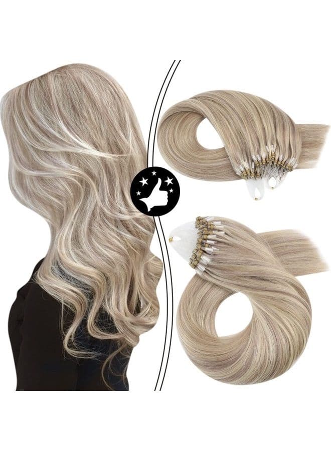 Micro Loop Human Hair Extensions Ash Blonde Highlight with Bleach Blonde Microbead Hair Extensions Human Hair 16 Inch Micro Ring Hair Extensions Human Hair Blonde 50G 50S #P18/613