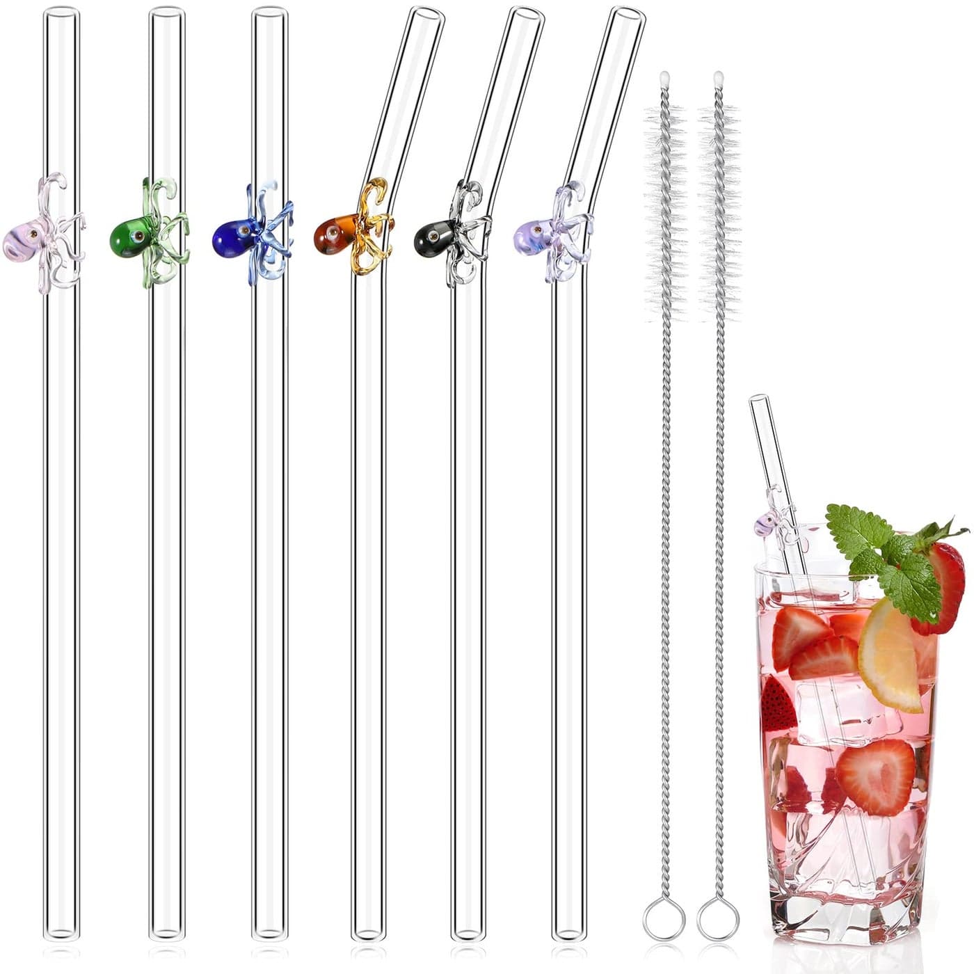 Yinkin 6 Pcs Wavy Glass Straws Reusable Curved Straw Shatter Resistant with 2 Cleaning Brushes Clear Silly High Borosilicate for Kids Adults Smoothies Juice Colorful 8 Inch