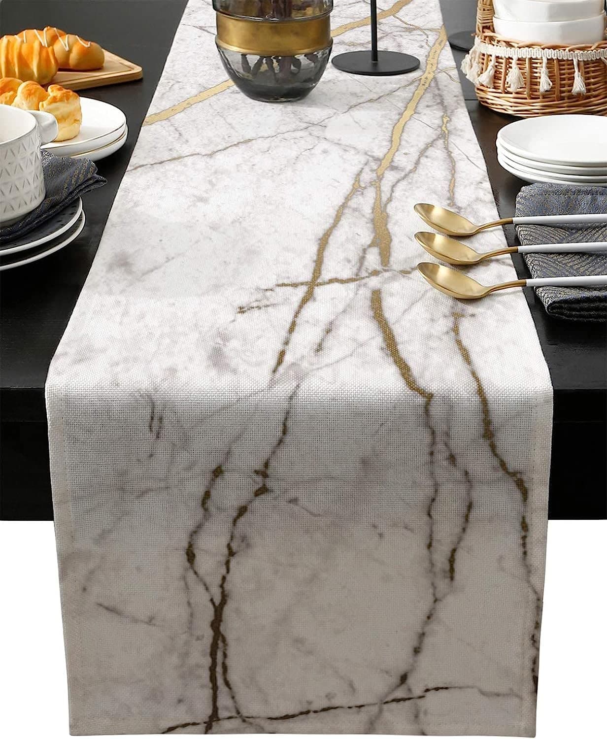 Marble Table Runner-Cotton Linen-Small 36 inches White Gray Gold Dresser Scarves,Texture Tablerunner for Kitchen Coffee/Dining/Sofa/End Table Bedroom Home Living Room,Scarf Decor for Holiday Dinner