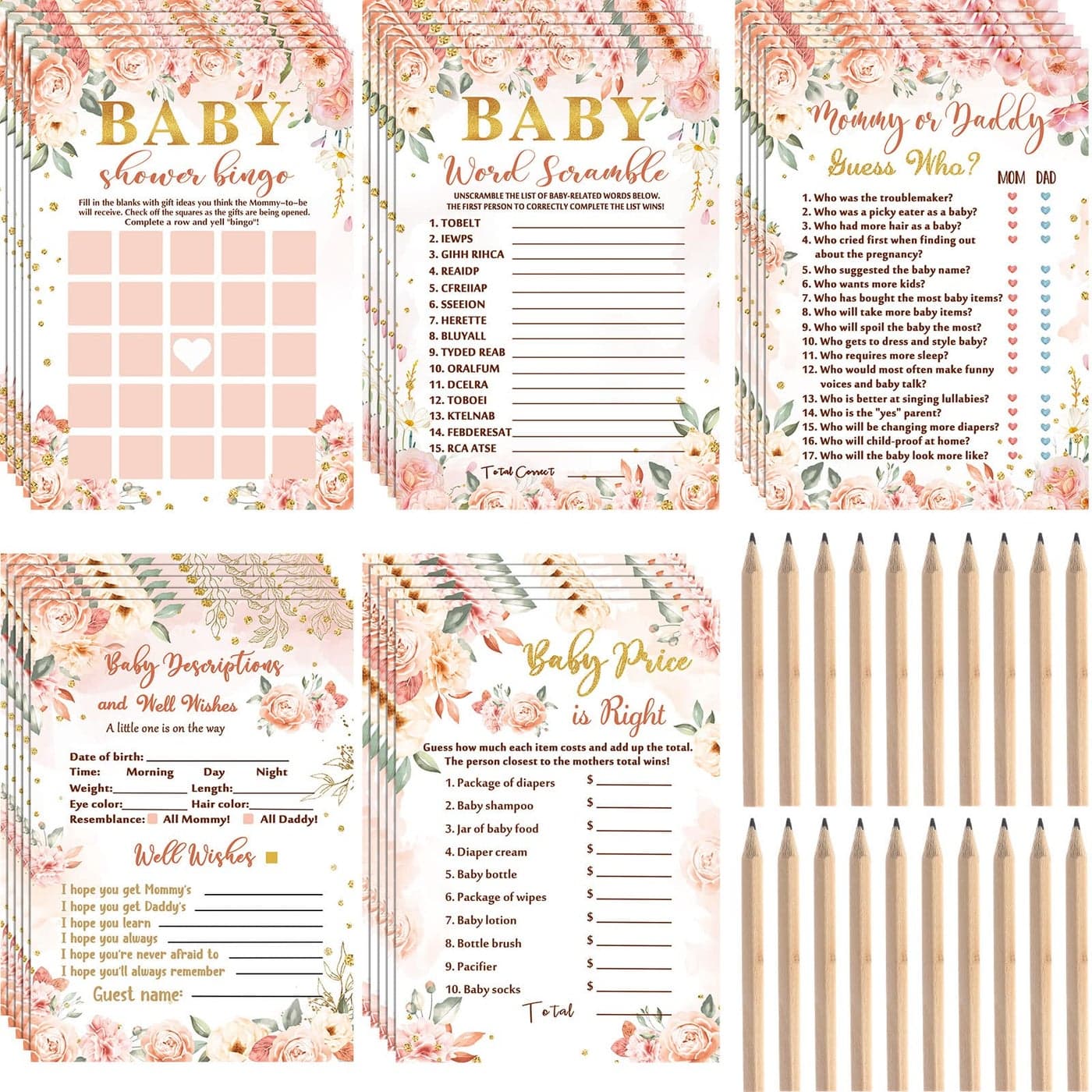 Spakon 125 Pcs Floral Baby Shower Games for Girls Set of 5 Baby Shower Bingo Activities Floral Cards with 20 Pencils Includes Flower Mommy or Daddy Guess Who Description Word Scramble Game