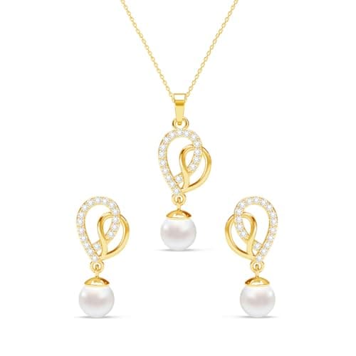 Clara 925 Sterling Silver Zahab Pearl Interlocked Pendant Earrings Chain Necklace Jewellery Set | Gold Plated, Swiss Zirconia |Gift for Women and Girls