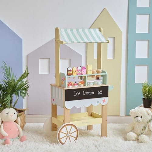 Teamson Kids Jolly Pals Ice Cream Stand with 33 Accessories Including Ice Cream Flavors Fridge Storage NaturalMint Green Pretend Play Cart with Rolling Wheels Durable and Safe for Kids Ages 3