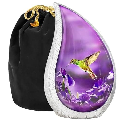 Trupoint Memorials Cremation Urns for Human Ashes Adult Female, Decorative Burial Urn for Men & Women – Large, Purple Hummingbird Teardrop