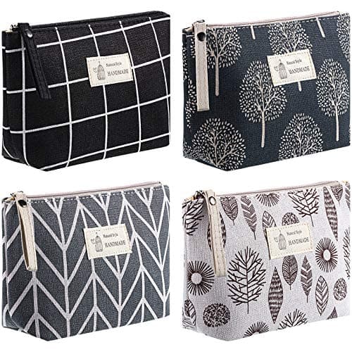 Boao 4 Pieces Canvas Cosmetic Bags Set Printed Makeup Bags with Zipper Multi-Functional Canvas Travel Pouch for Women Vacation Travel Toiletry Bag, 4 Styles (Arrow, Plaid, Tree, Leave, Small)