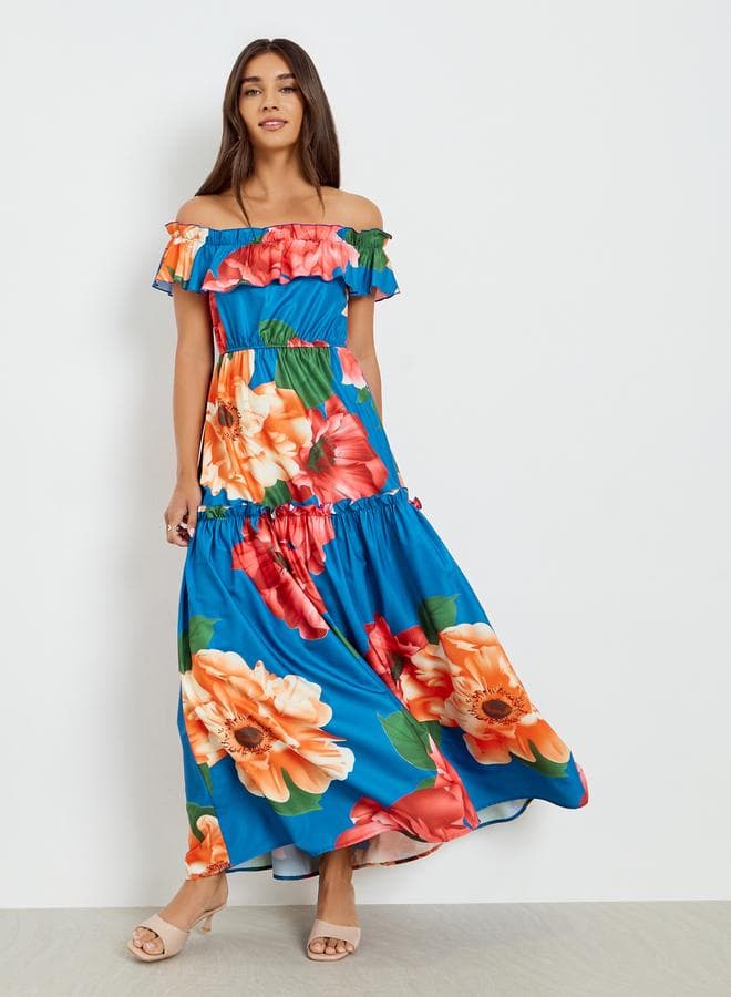 Blue Floral Off Shoulder Maxi Dress
