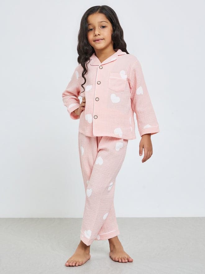 Girls Heart Print Shirt And Pyjama Set