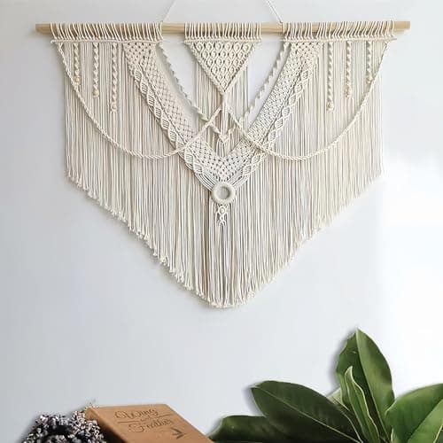 guzhiou large macrame wall hanging - Boho Tapestry Macrame Wall Decor Art- Chic Bohemian Handmade Woven Tapestry Home Decoration for Bedroom Living Room Apartment Wedding Party - 43"x32" (Beige-A)
