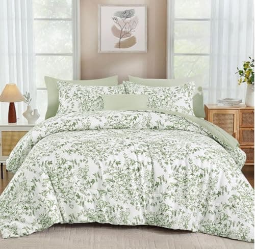 WONGS BEDDING 8 Pieces California King Size Comforter Set Green, Sage Green Floral Bed in a Bag Comforter Sets, Soft Reversible Botanical Flowers Bedding Sets for All Season (104"x96")