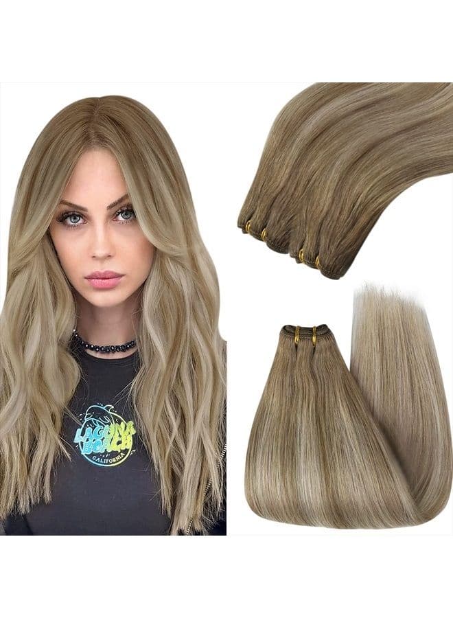 Balayage Sew in Hair Extensions Real Human Hair Light Brown with Blonde Balayage Weft Hair Extensions Human Hair 22 Inch Brown Balayage Sew in Hair Extensions Weft Human Hair 100G