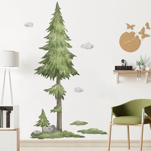 Buiory 53x84inch Large Pine Tree Wall Decals 3D Watercolor Woodland Wall Stickers Peel and Stick Wall Art Decor Sticker for Kids Boys Girls Bedroom Playroom Classroom Nursery Living Room