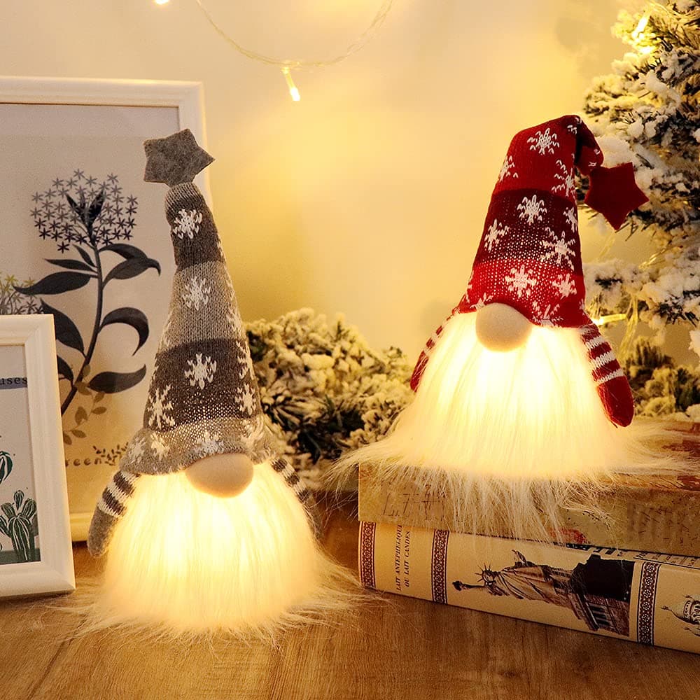 GMOEGEFT Scandinavian Christmas Gnome Lights with Timer Swedish Santa Tomte Gnome Nordic Xmas Decoration Set of 2 Red Grey 11 x 4 Inches