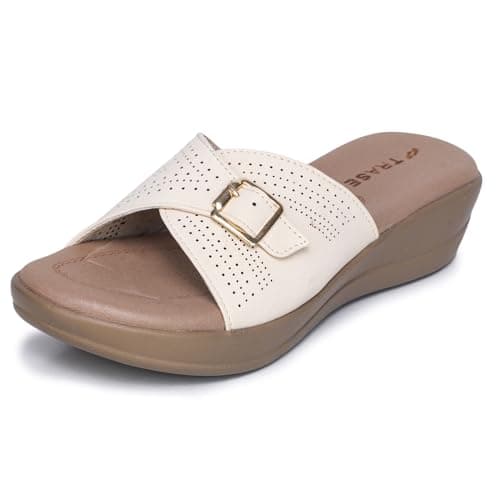 TRASE Stylish Wedges Heels Sandals for Women | Comfortable & Lightweight Slip-On Footwear for Girls | Ladies Fashion Sandal for Party, Office & Casual Use (Cream, 3 UK)