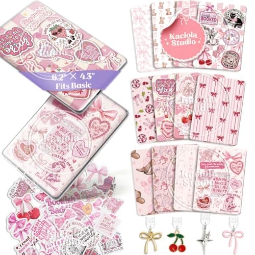 Kaciola 12PCS Inserts Cardstock and 4PCS Charms for EReader with 50PCS Stickers for Insert 62x43 Pink Bow Theme Back Cover Accessories for EReader Basic Gifts for Booklovers
