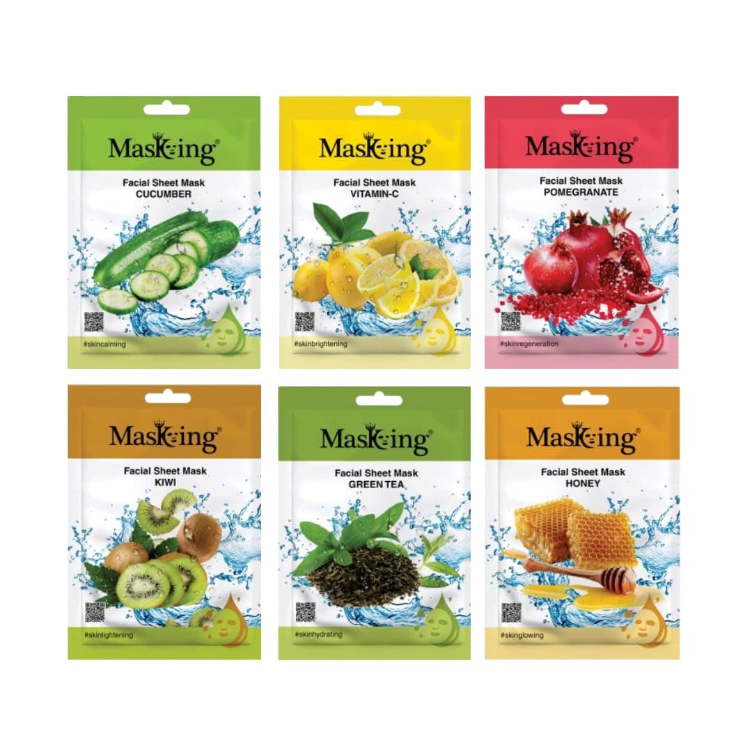 MasKing Beauty Cucumber VitaminC Pomegranate Kiwi Green tea Honey extract Facial sheet mask for glowing and hydrating daily Skin care combo pack of 6