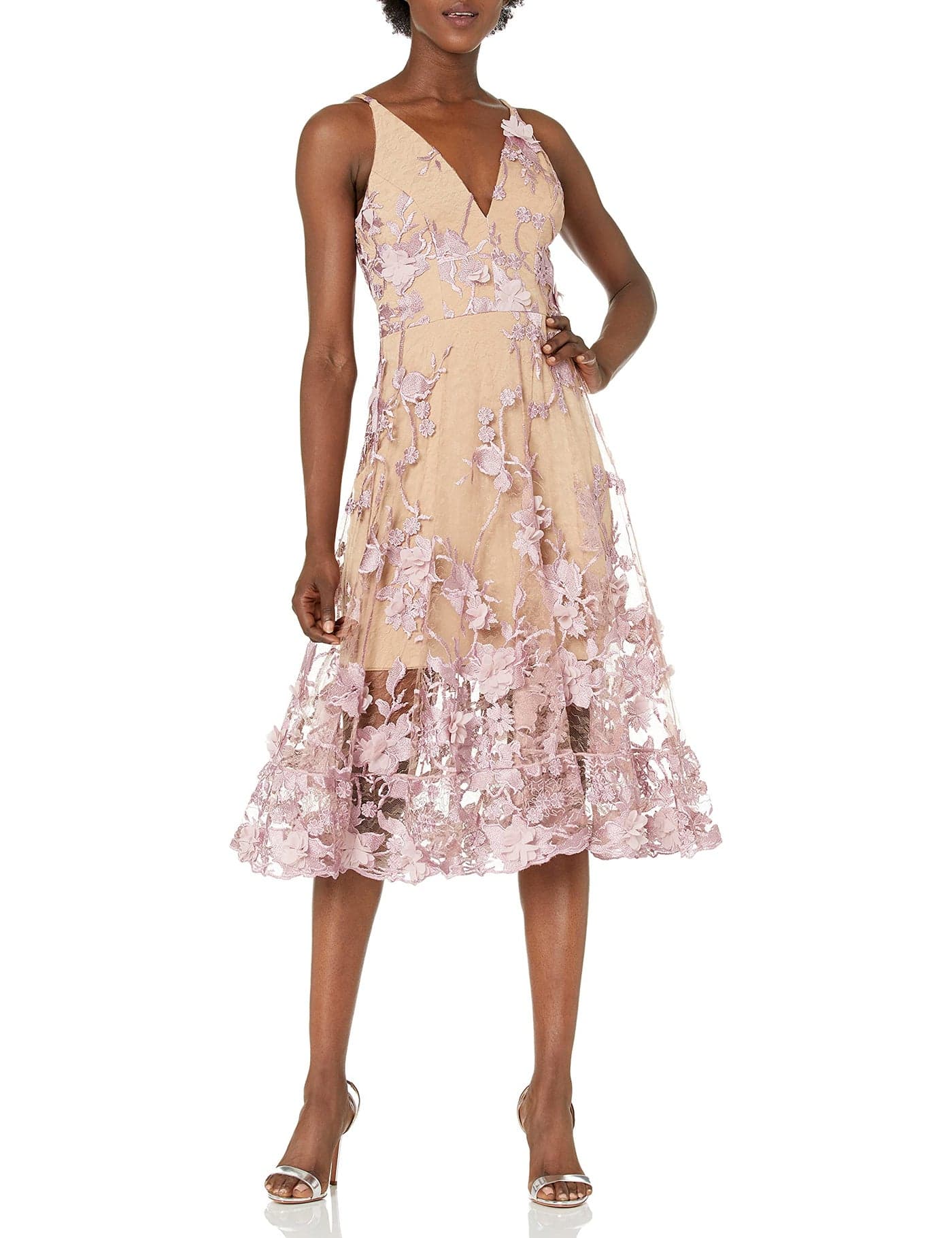 Dress the Population Womens Audrey Spaghetti Strap MIDI ALINE 3D Floral Dress Dress LilacNude M