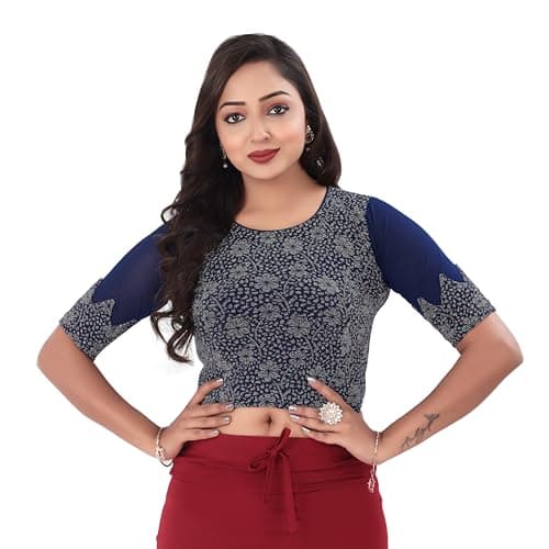 DESI GIRL - Round Neck Jacquard Regular Fit Saree Blouse for Women | Half Sleeve Readymade Stretchy Embroidered Design Festive Blouse Perfect for Saree, Lehenga, Kurti | Navy Blue - 32